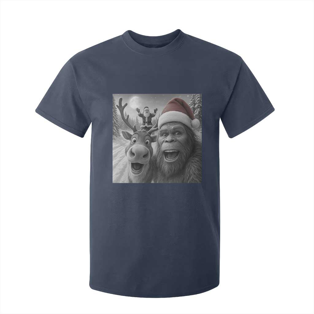 Funny Bigfoot Selfie Christmas T Shirt For Kid Santa Reindeer Sasquatch Xmas TS14 Navy Print Your Wear