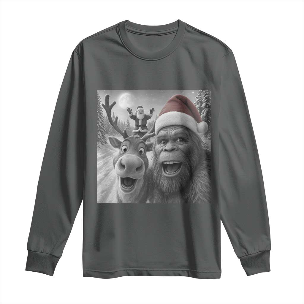 Funny Bigfoot Selfie Christmas Long Sleeve Shirt Santa Reindeer Sasquatch Xmas TS14 Dark Heather Print Your Wear