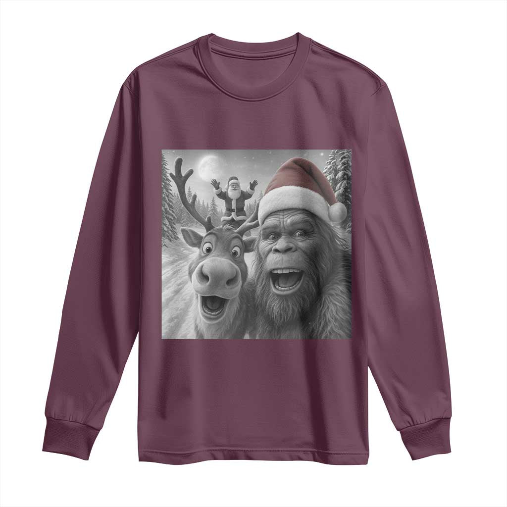 Funny Bigfoot Selfie Christmas Long Sleeve Shirt Santa Reindeer Sasquatch Xmas TS14 Maroon Print Your Wear