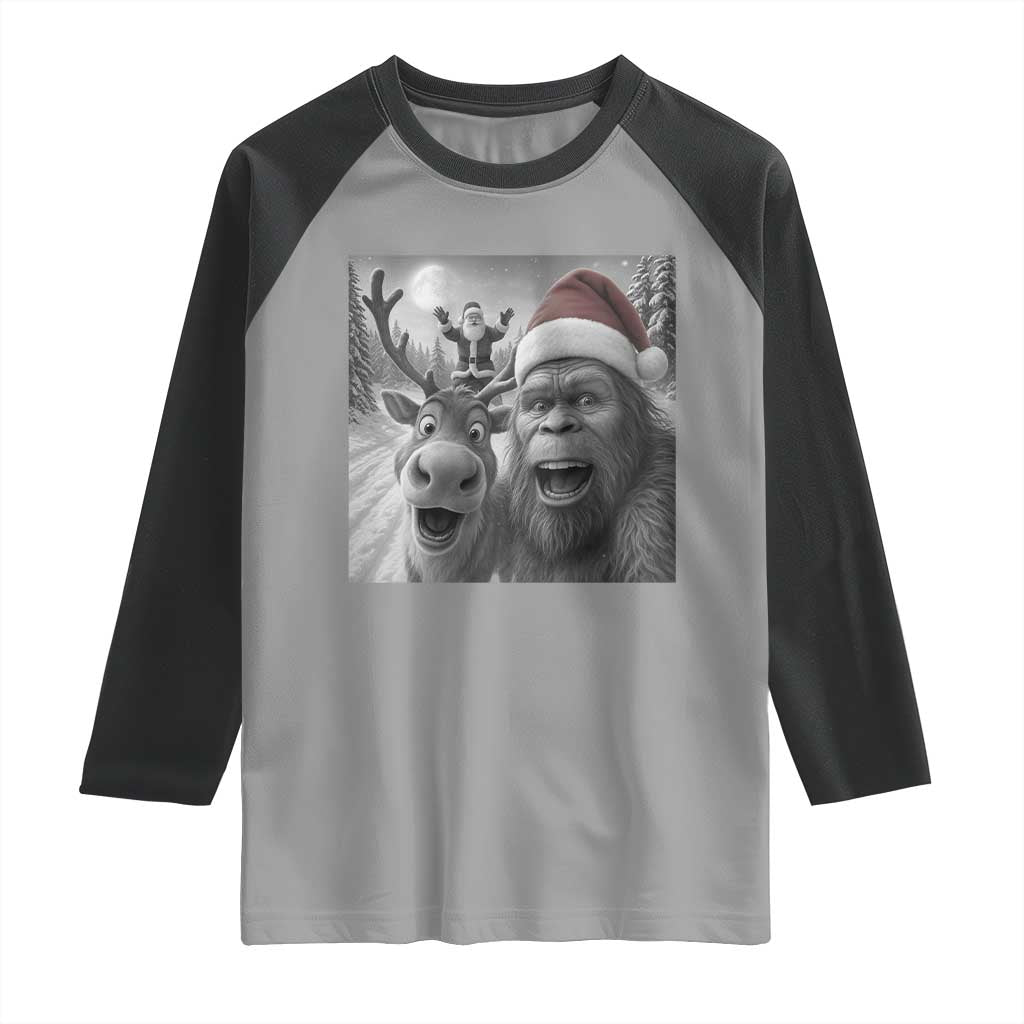Funny Bigfoot Selfie Christmas Raglan Shirt Santa Reindeer Sasquatch Xmas TS14 Sport Gray Black Print Your Wear