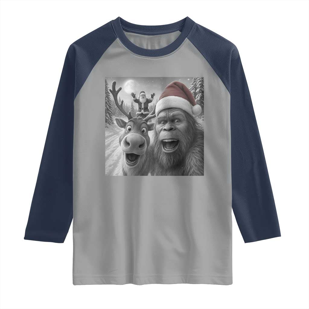Funny Bigfoot Selfie Christmas Raglan Shirt Santa Reindeer Sasquatch Xmas TS14 Sport Gray Navy Print Your Wear