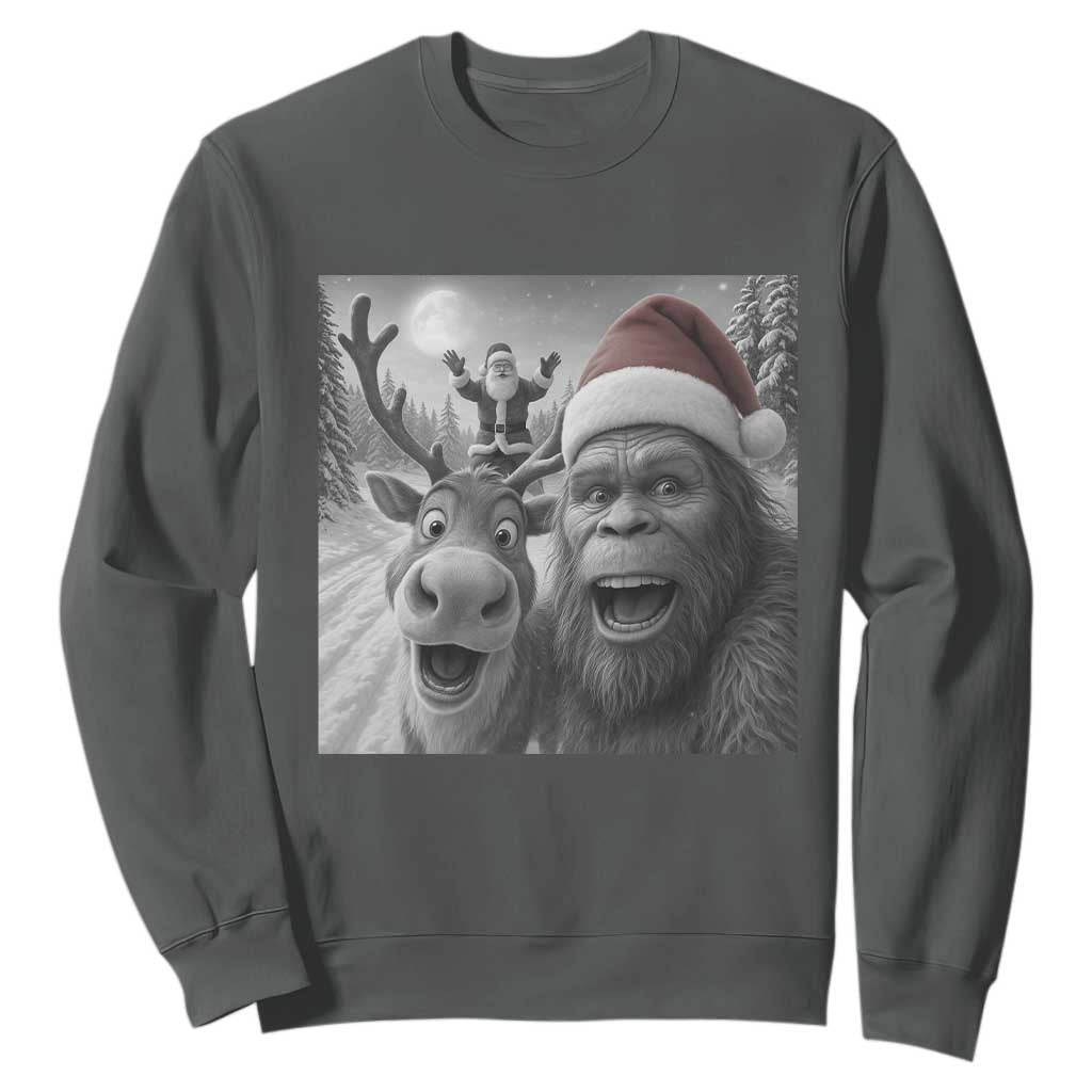 Funny Bigfoot Selfie Christmas Sweatshirt Santa Reindeer Sasquatch Xmas TS14 Dark Heather Print Your Wear
