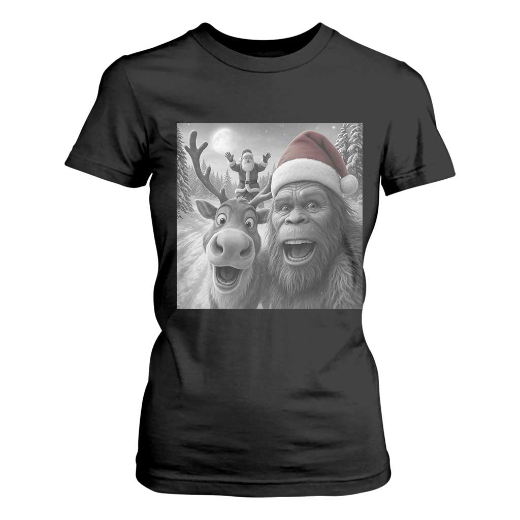 Funny Bigfoot Selfie Christmas T Shirt For Women Santa Reindeer Sasquatch Xmas TS14 Black Print Your Wear