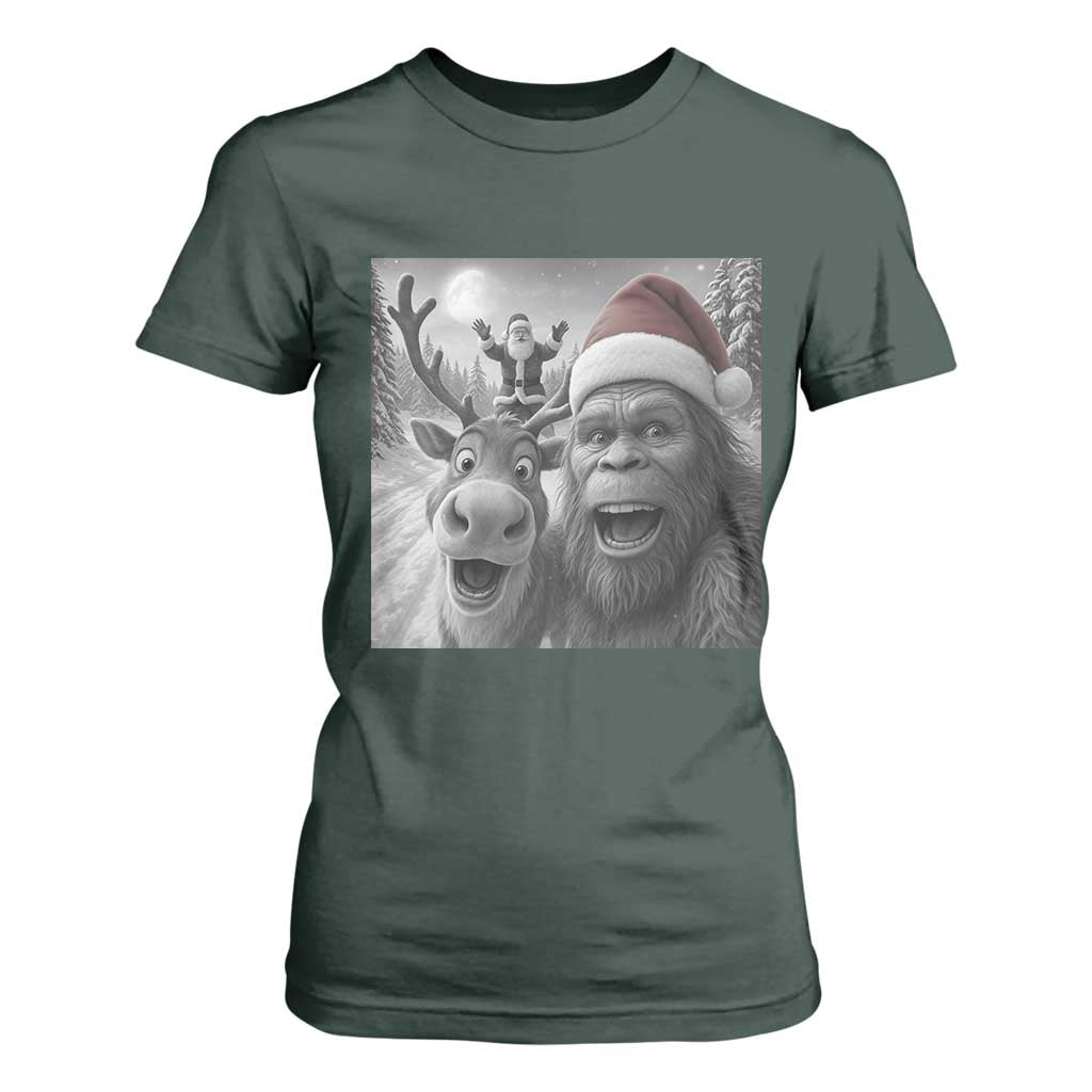 Funny Bigfoot Selfie Christmas T Shirt For Women Santa Reindeer Sasquatch Xmas TS14 Dark Forest Green Print Your Wear