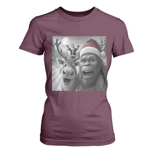 Funny Bigfoot Selfie Christmas T Shirt For Women Santa Reindeer Sasquatch Xmas TS14 Maroon Print Your Wear