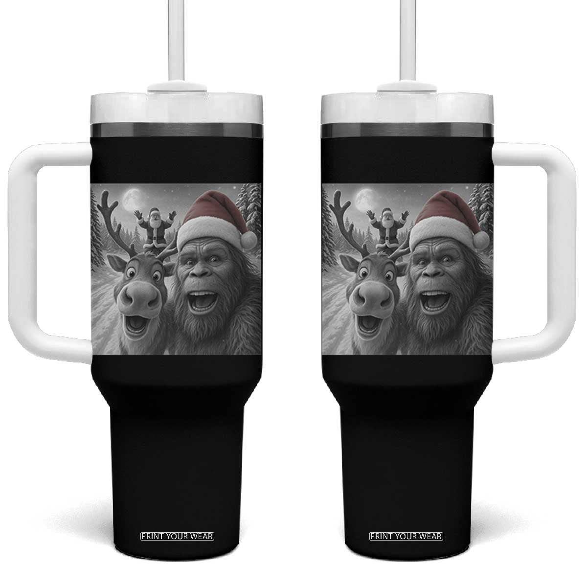 Funny Bigfoot Selfie Christmas Tumbler With Handle Santa Reindeer Sasquatch Xmas TS14 One Size: 40 oz Black Print Your Wear
