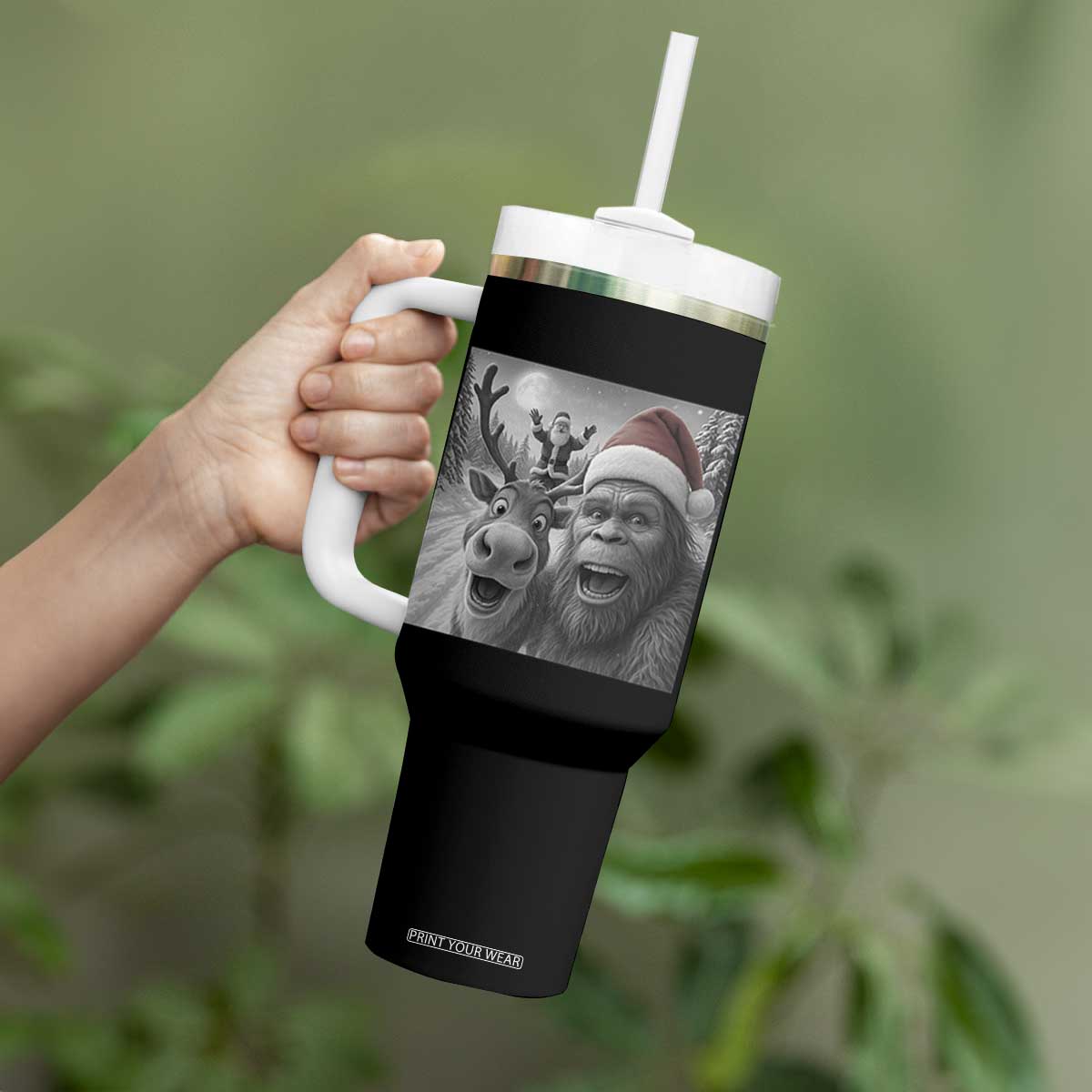 Funny Bigfoot Selfie Christmas Tumbler With Handle Santa Reindeer Sasquatch Xmas TS14 Print Your Wear