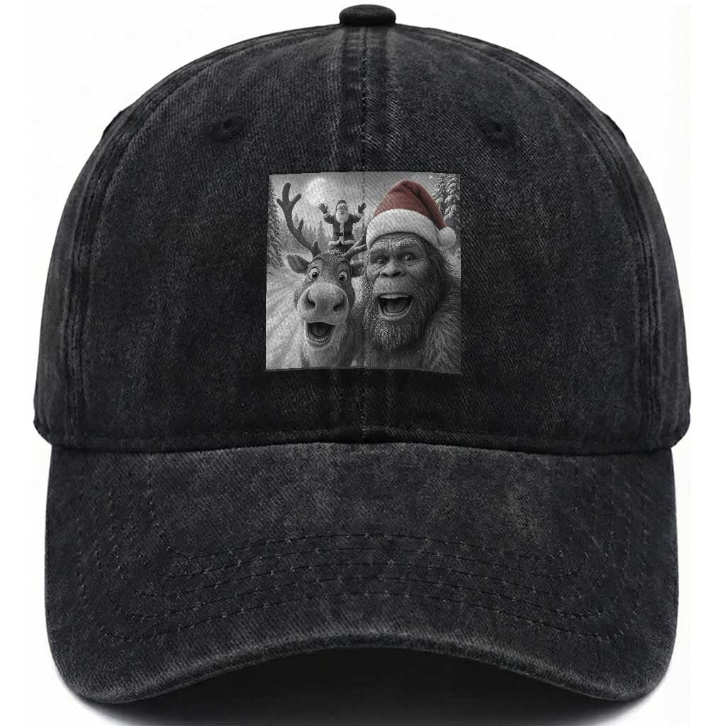 Funny Bigfoot Selfie Christmas Washed Cotton Baseball Cap Santa Reindeer Sasquatch Xmas TS14 Washed Cap Universal Fit Black Print Your Wear