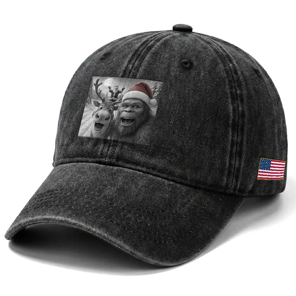 Funny Bigfoot Selfie Christmas Washed Cotton Baseball Cap Santa Reindeer Sasquatch Xmas TS14 Print Your Wear