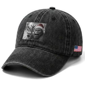 Funny Bigfoot Selfie Christmas Washed Cotton Baseball Cap Santa Reindeer Sasquatch Xmas TS14 Print Your Wear