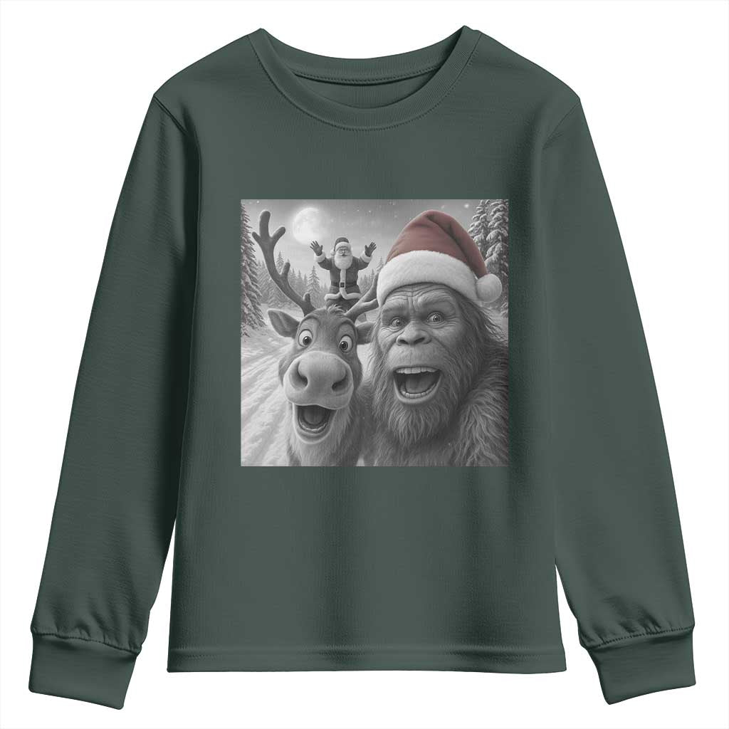 Funny Bigfoot Selfie Christmas Youth Sweatshirt Santa Reindeer Sasquatch Xmas TS14 Dark Forest Green Print Your Wear