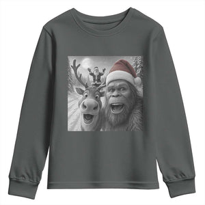 Funny Bigfoot Selfie Christmas Youth Sweatshirt Santa Reindeer Sasquatch Xmas TS14 Dark Heather Print Your Wear
