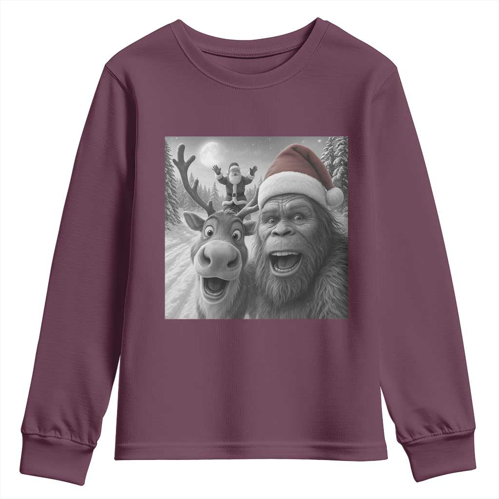 Funny Bigfoot Selfie Christmas Youth Sweatshirt Santa Reindeer Sasquatch Xmas TS14 Maroon Print Your Wear
