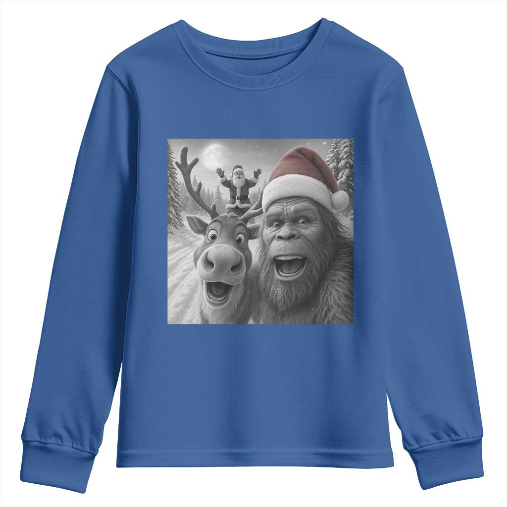 Funny Bigfoot Selfie Christmas Youth Sweatshirt Santa Reindeer Sasquatch Xmas TS14 Royal Blue Print Your Wear