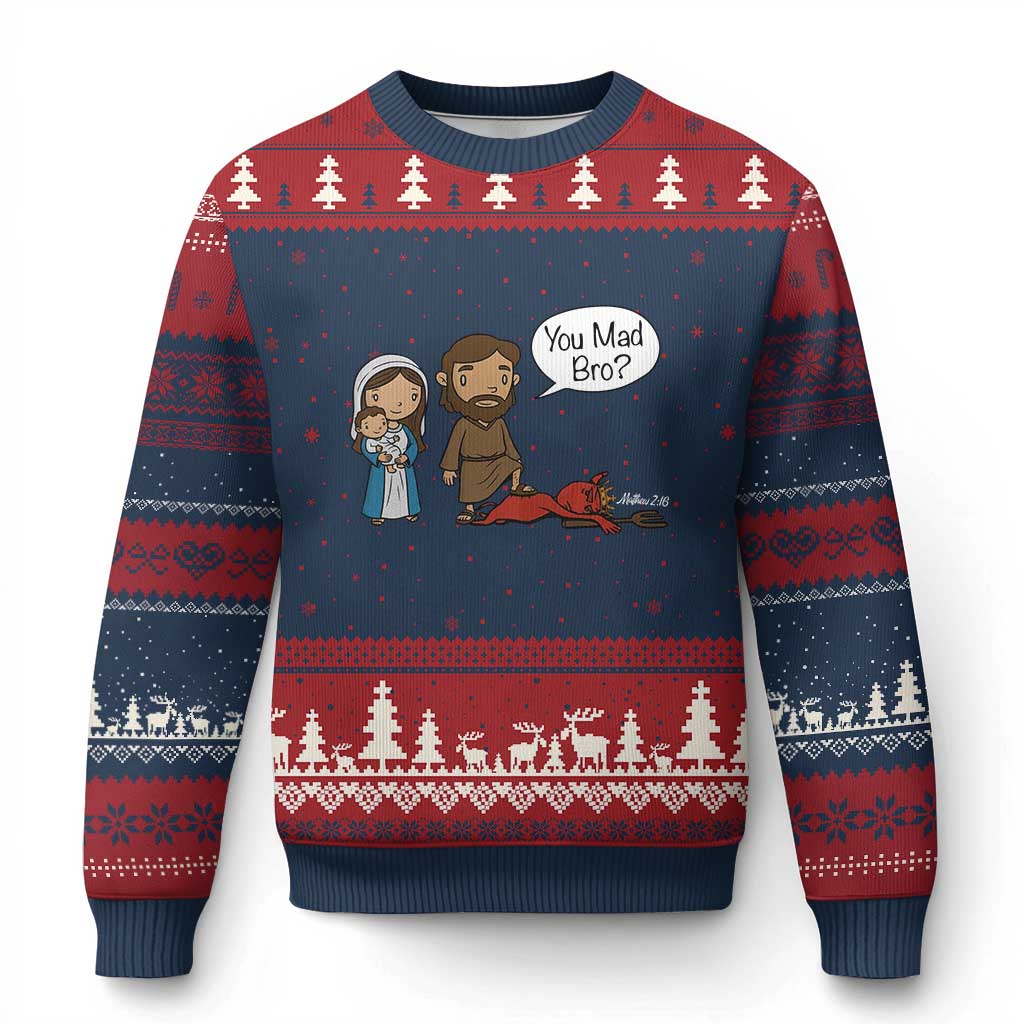 Funny Christian Ugly Christmas Sweater You Mad Bro Matthew 2:16 TS14 Navy Red Print Your Wear