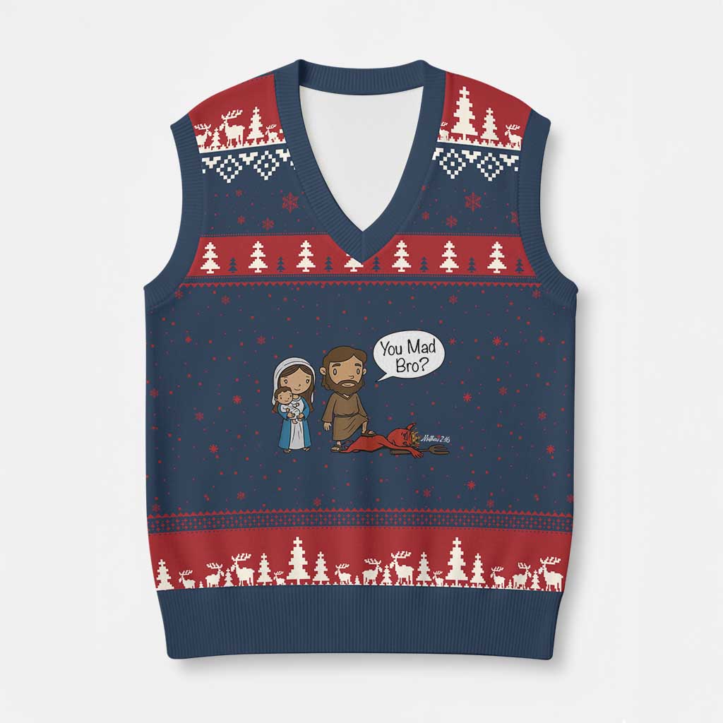 Funny Christian V-Neck Knit Sweater Vest You Mad Bro Matthew 2:16 TS14 Navy Red Print Your Wear