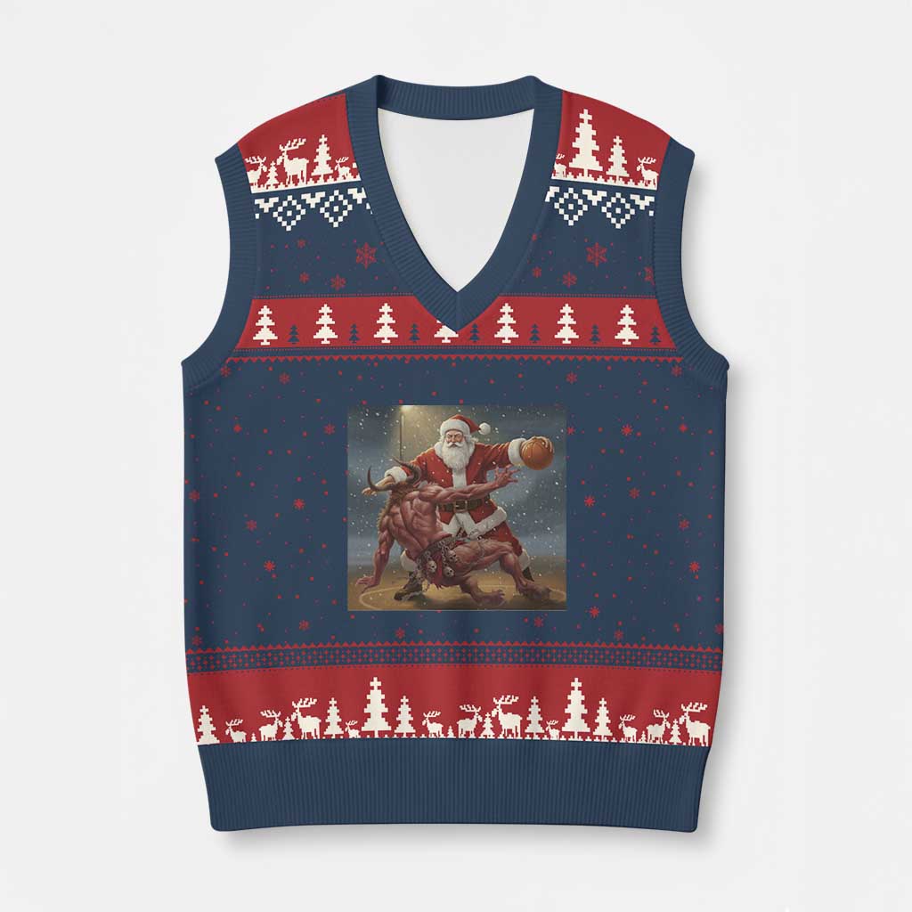 Funny Santa Basketball V-Neck Knit Sweater Vest Satan Xmas Meme TS14 Navy Red Print Your Wear