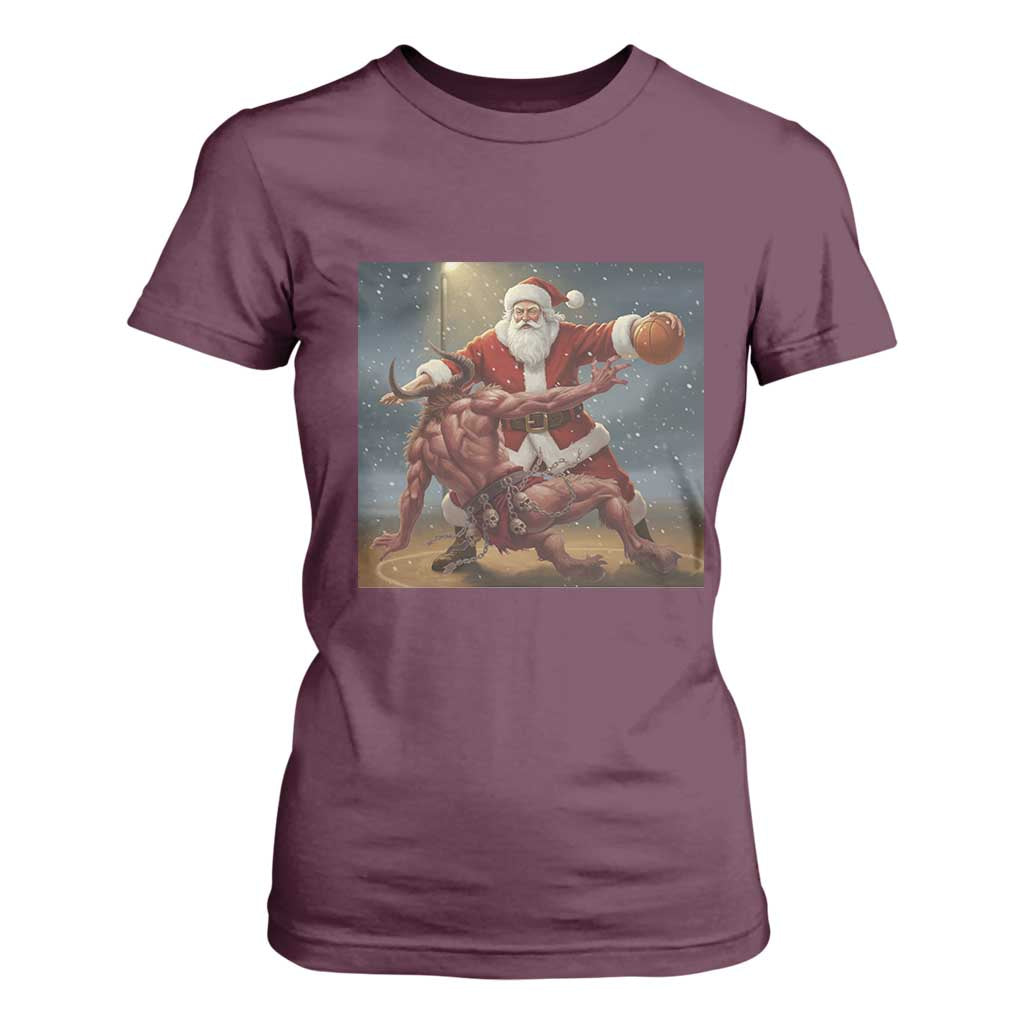 Funny Santa Basketball T Shirt For Women Satan Christmas Meme TS14 Maroon Print Your Wear