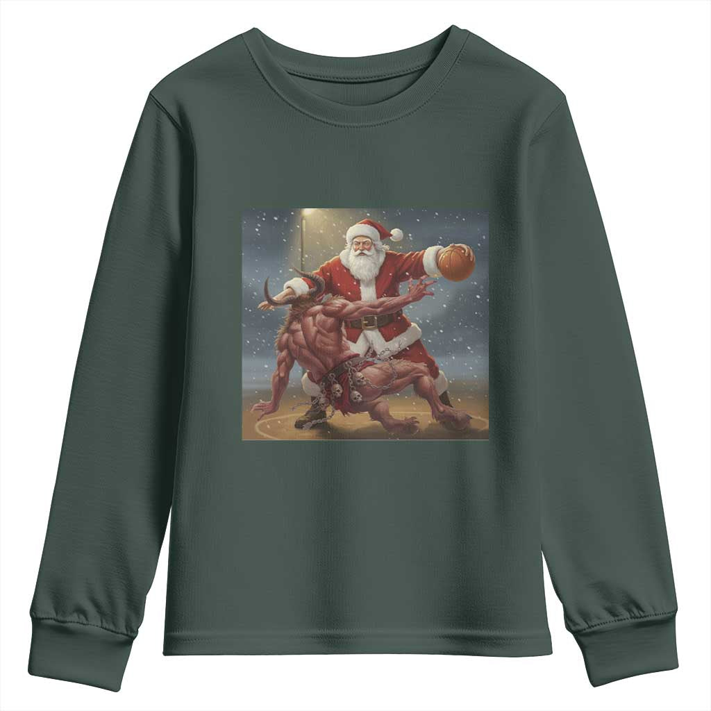 Funny Santa Basketball Youth Sweatshirt Satan Christmas Meme TS14 Dark Forest Green Print Your Wear