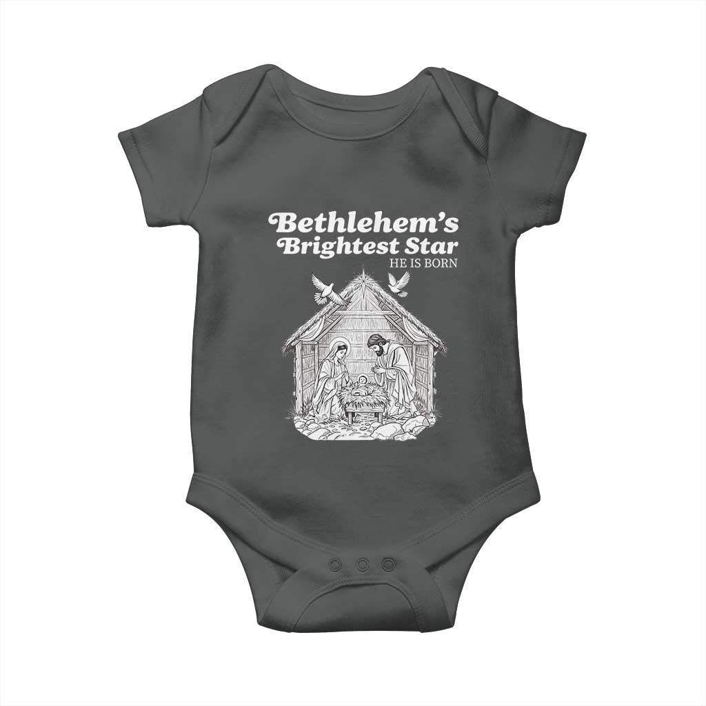 Nativity Scene Baby Onesie Brightest Star of Bethlehem He Is Born Christian Christmas TS14 Dark Heather Print Your Wear