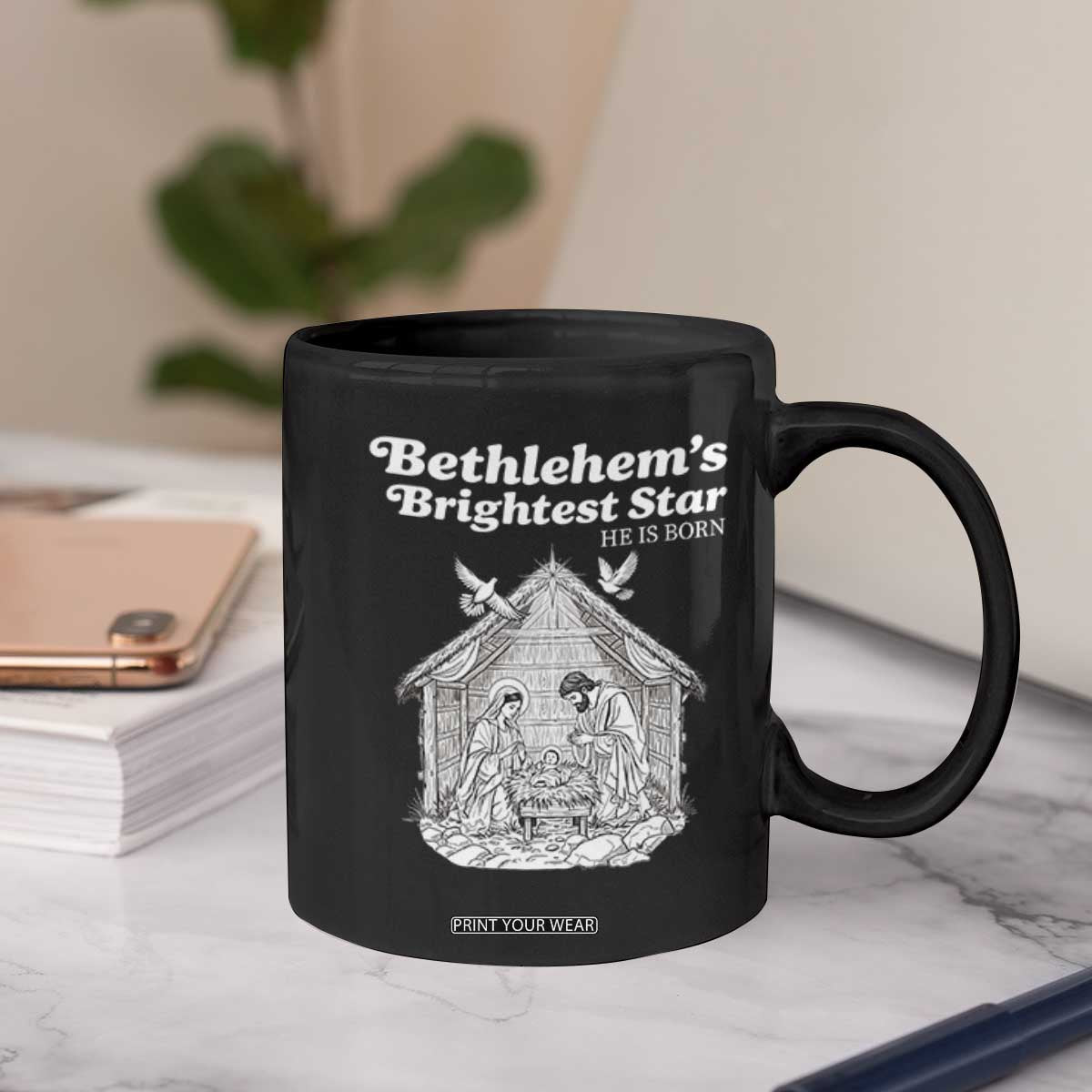 Nativity Scene Coffee Mug Brightest Star of Bethlehem He Is Born Christian Christmas TS14 Print Your Wear
