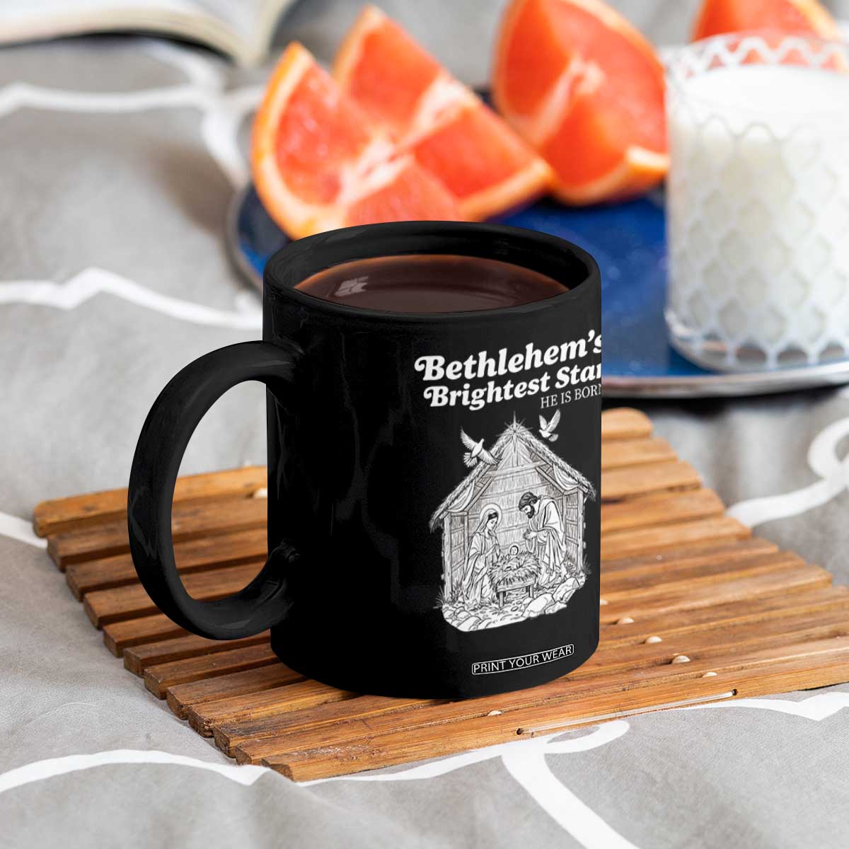 Nativity Scene Coffee Mug Brightest Star of Bethlehem He Is Born Christian Christmas TS14 Print Your Wear