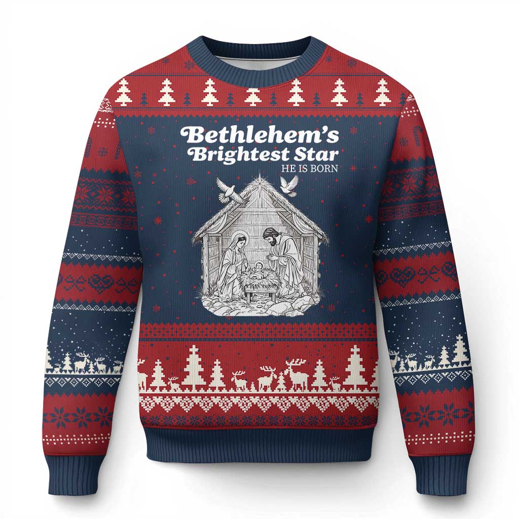 Nativity Scene Ugly Christmas Sweater Brightest Star of Bethlehem He Is Born Christian Xmas TS14 Navy Red Print Your Wear