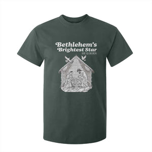 Nativity Scene T Shirt For Kid Brightest Star of Bethlehem He Is Born Christian Christmas TS14 Dark Forest Green Print Your Wear