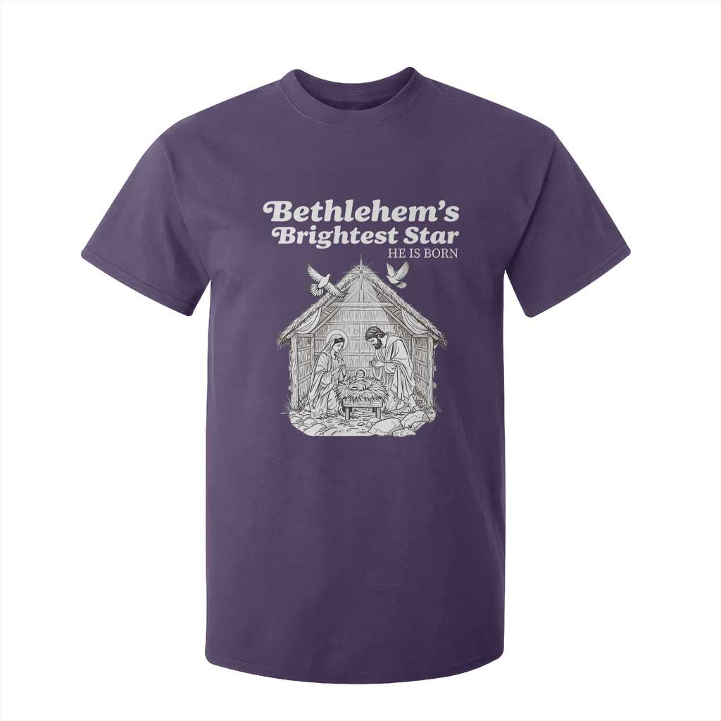 Nativity Scene T Shirt For Kid Brightest Star of Bethlehem He Is Born Christian Christmas TS14 Purple Print Your Wear