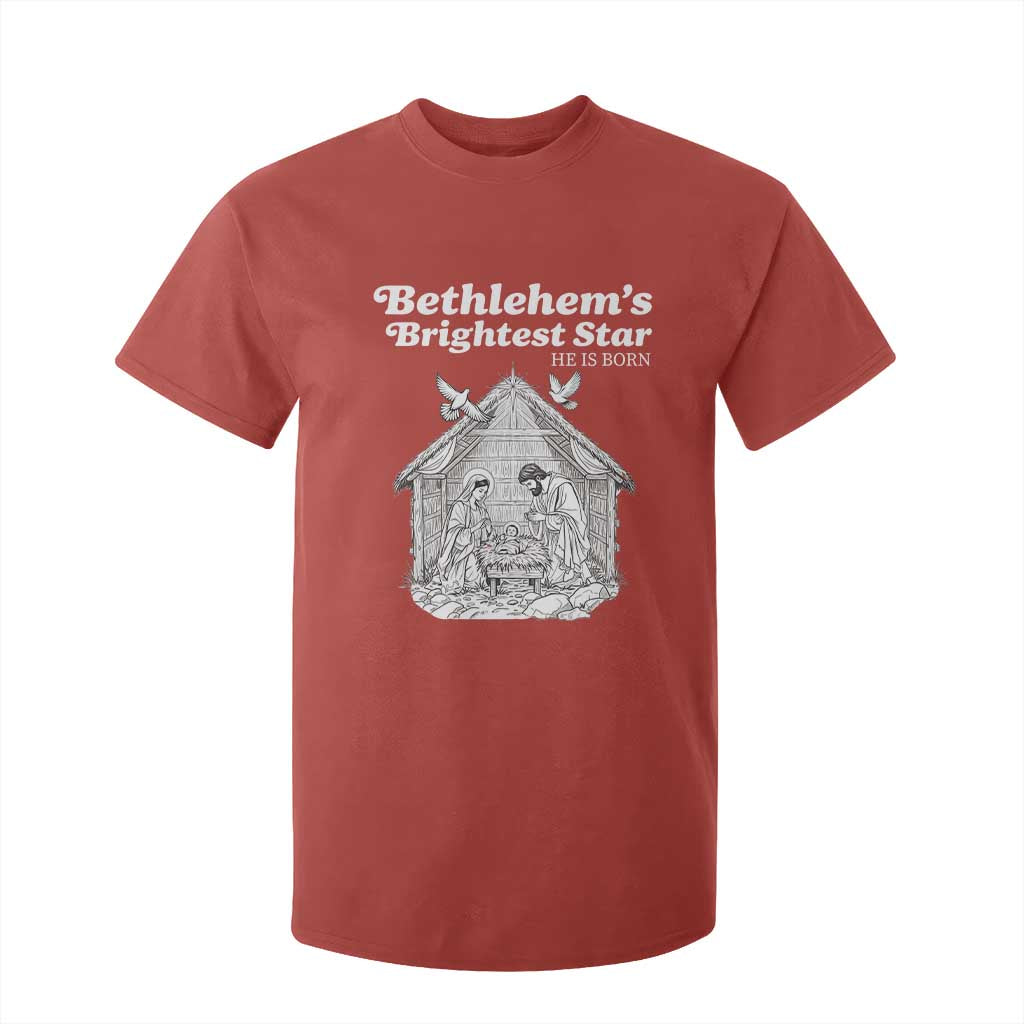Nativity Scene T Shirt For Kid Brightest Star of Bethlehem He Is Born Christian Christmas TS14 Red Print Your Wear