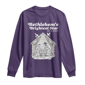 Nativity Scene Long Sleeve Shirt Brightest Star of Bethlehem He Is Born Christian Christmas TS14 Purple Print Your Wear