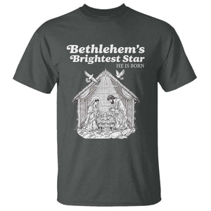 Nativity Scene T Shirt Brightest Star of Bethlehem He Is Born Christian Christmas TS14 Dark Heather Print Your Wear