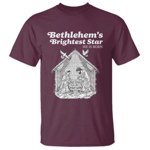 Nativity Scene T Shirt Brightest Star of Bethlehem He Is Born Christian Christmas TS14 Maroon Print Your Wear