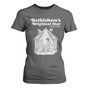 Nativity Scene T Shirt For Women Brightest Star of Bethlehem He Is Born Christian Christmas TS14 Dark Heather Print Your Wear