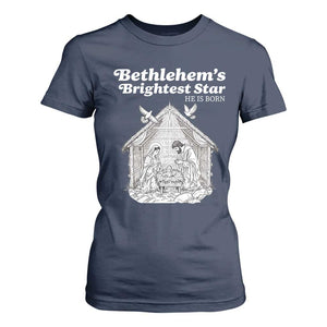 Nativity Scene T Shirt For Women Brightest Star of Bethlehem He Is Born Christian Christmas TS14 Navy Print Your Wear