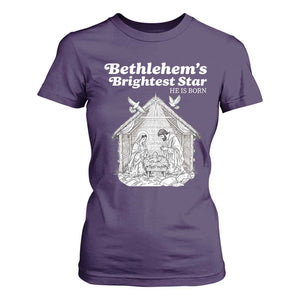 Nativity Scene T Shirt For Women Brightest Star of Bethlehem He Is Born Christian Christmas TS14 Purple Print Your Wear