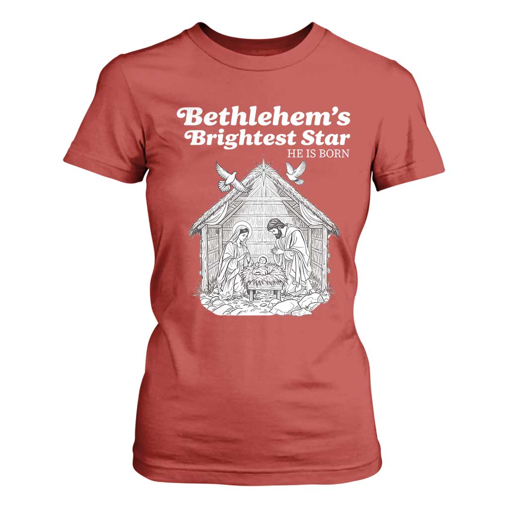 Nativity Scene T Shirt For Women Brightest Star of Bethlehem He Is Born Christian Christmas TS14 Red Print Your Wear