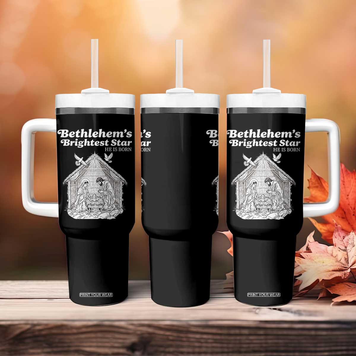 Nativity Scene Tumbler With Handle Brightest Star of Bethlehem He Is Born Christian Christmas TS14 Print Your Wear