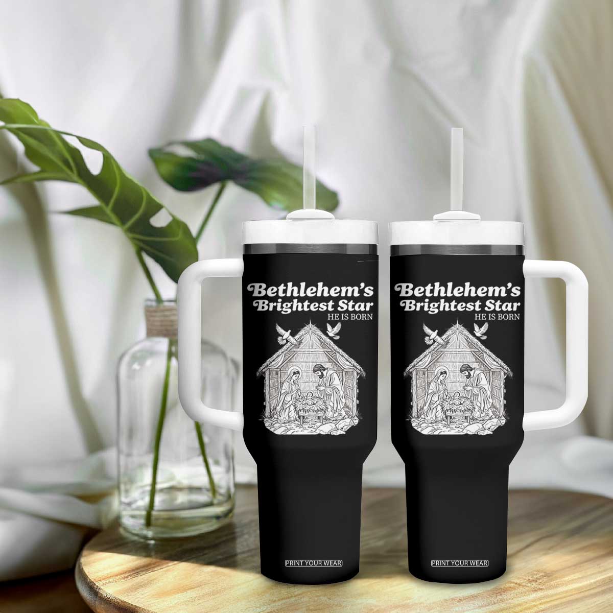 Nativity Scene Tumbler With Handle Brightest Star of Bethlehem He Is Born Christian Christmas TS14 Print Your Wear