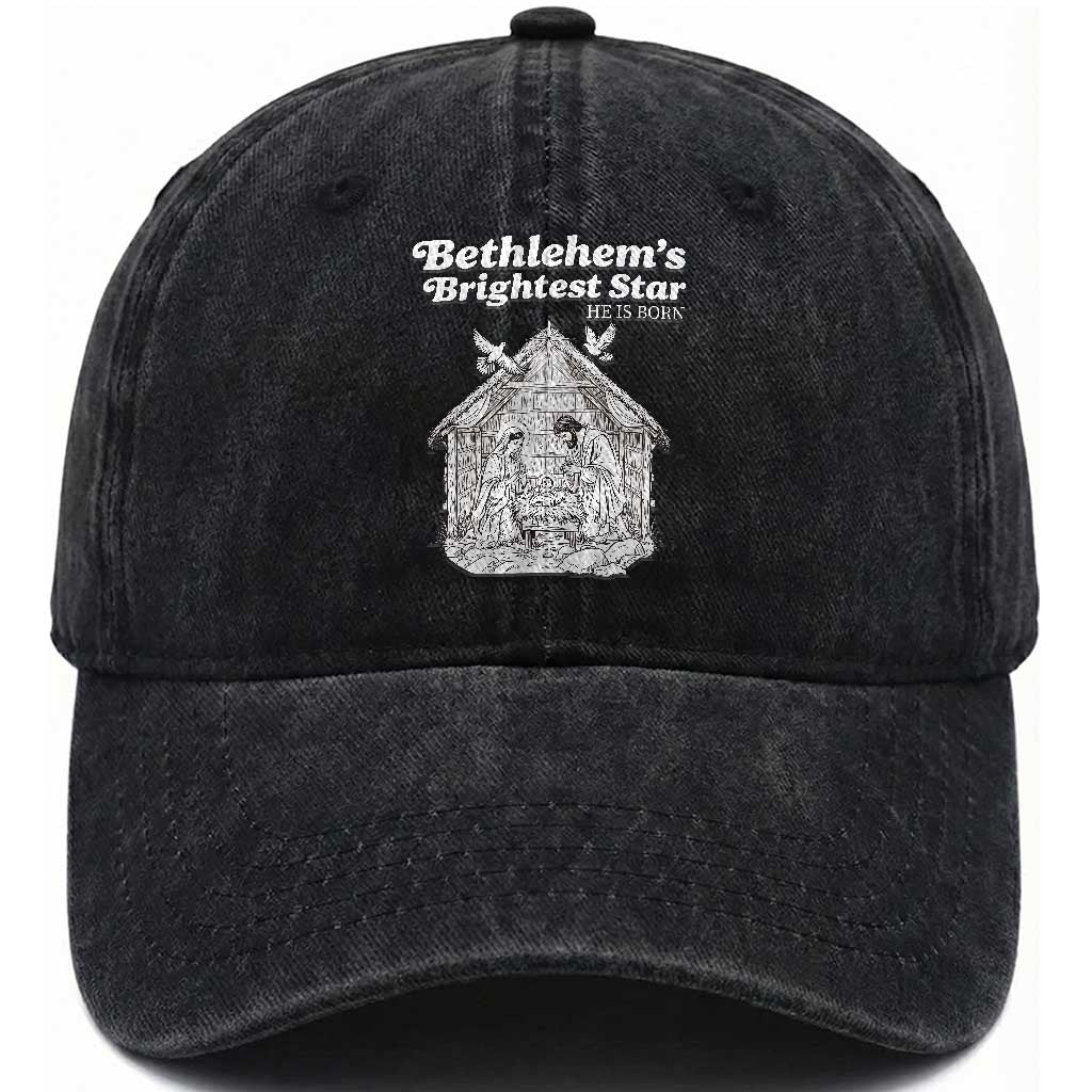 Nativity Scene Washed Cotton Baseball Cap Brightest Star of Bethlehem He Is Born Christian Christmas TS14 Washed Cap Universal Fit Black Print Your Wear