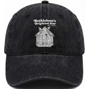 Nativity Scene Washed Cotton Baseball Cap Brightest Star of Bethlehem He Is Born Christian Christmas TS14 Washed Cap Universal Fit Black Print Your Wear
