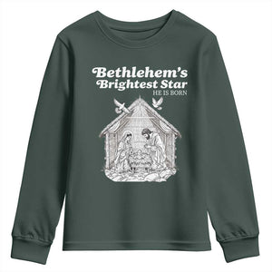 Nativity Scene Youth Sweatshirt Brightest Star of Bethlehem He Is Born Christian Christmas TS14 Dark Forest Green Print Your Wear