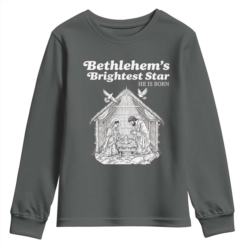 Nativity Scene Youth Sweatshirt Brightest Star of Bethlehem He Is Born Christian Christmas TS14 Dark Heather Print Your Wear