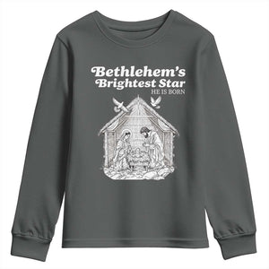 Nativity Scene Youth Sweatshirt Brightest Star of Bethlehem He Is Born Christian Christmas TS14 Dark Heather Print Your Wear