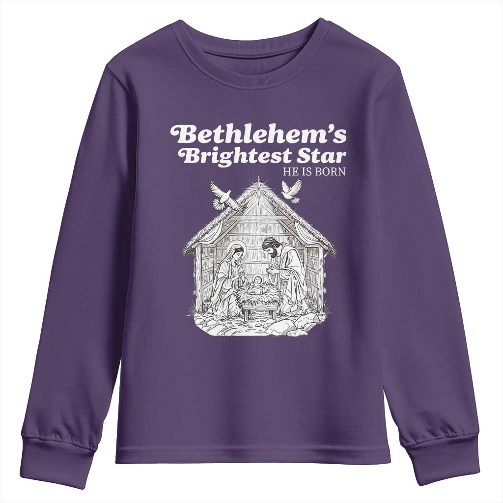Nativity Scene Youth Sweatshirt Brightest Star of Bethlehem He Is Born Christian Christmas TS14 Purple Print Your Wear