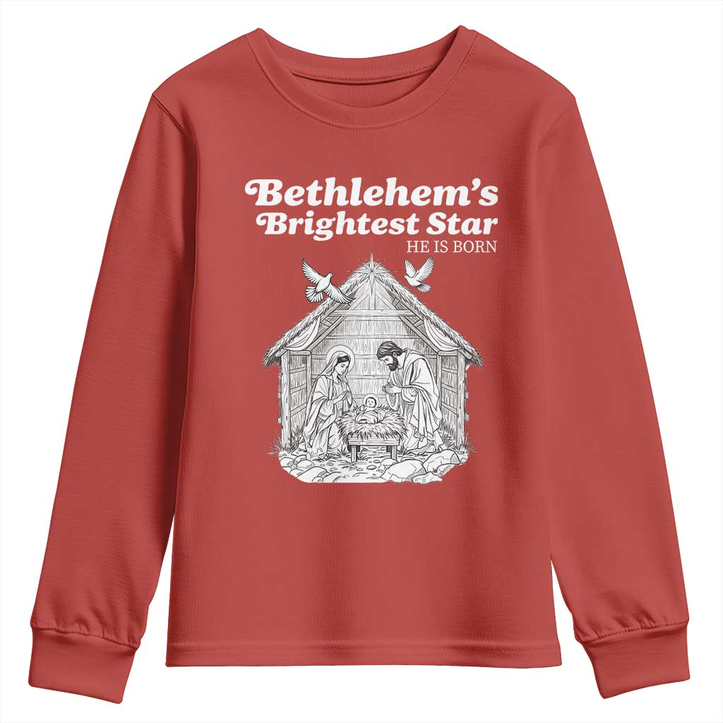 Nativity Scene Youth Sweatshirt Brightest Star of Bethlehem He Is Born Christian Christmas TS14 Red Print Your Wear