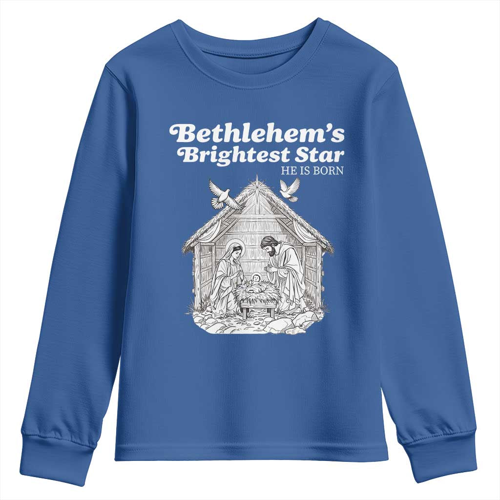 Nativity Scene Youth Sweatshirt Brightest Star of Bethlehem He Is Born Christian Christmas TS14 Royal Blue Print Your Wear