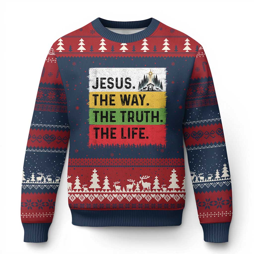 Jesus Christian Ugly Christmas Sweater The Way The Truth The Life Nativity Scene TS14 Navy Red Print Your Wear