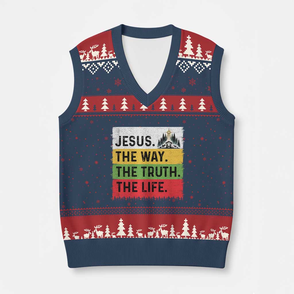 Jesus Christian V-Neck Knit Sweater Vest The Way The Truth The Life Nativity Scene TS14 Navy Red Print Your Wear