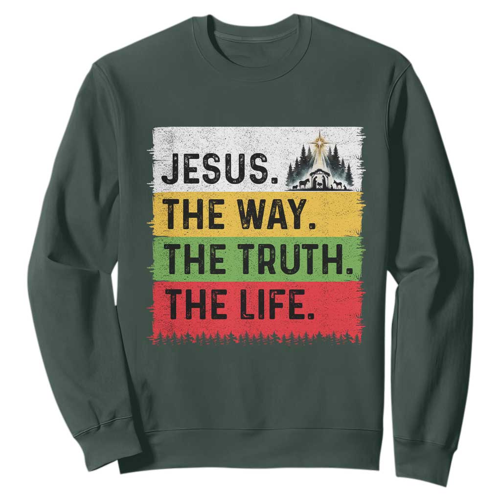Jesus Christian Sweatshirt The Way The Truth The Life Nativity Scene TS14 Dark Forest Green Print Your Wear